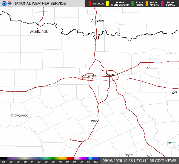 Latest National Weather Service radar for North Texas (KFWS radar). Source: radar.weather.gov.