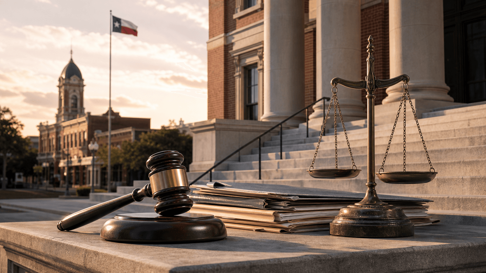 Sherman-themed courthouse steps with a gavel, case files and scales of justice.