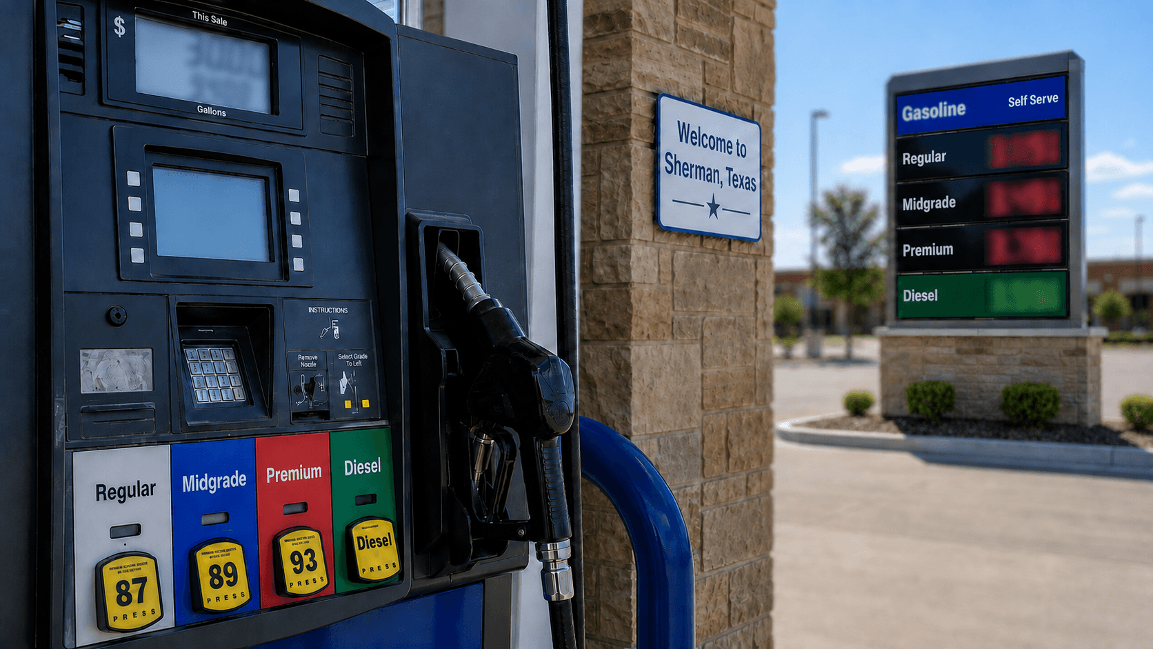 Gas prices at the pump in Sherman Texas - Illustration Jake Team LLC