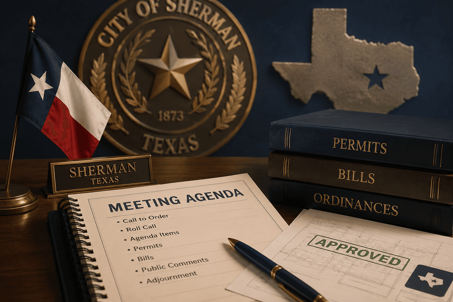 Sherman reviews permits, bills, and city agenda items - Illustration Jake Team LLC