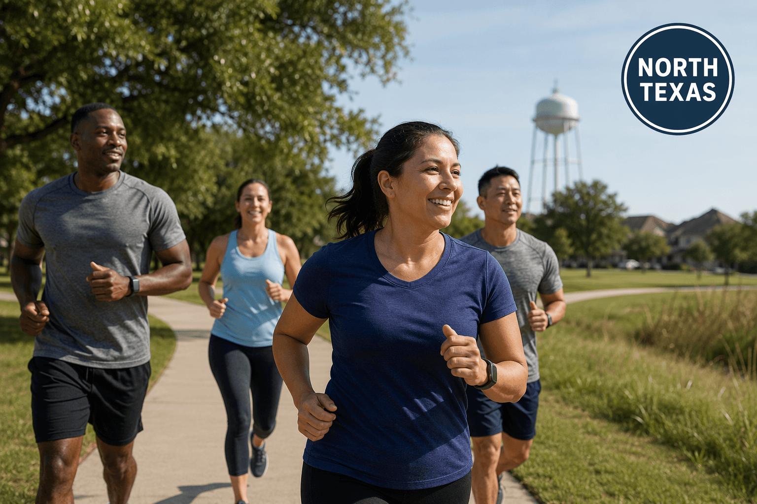Neighbors jogging a North Texas park trail - seven North Texas cities on the 2026 Fitness Index - illustration, Jake Team LLC