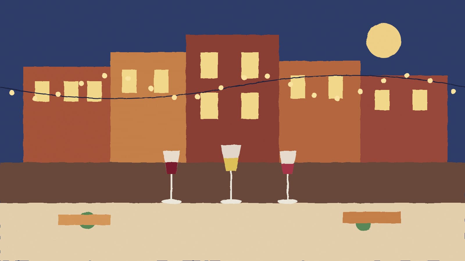 Wine glasses on downtown square - illustration, Jake Team LLC
