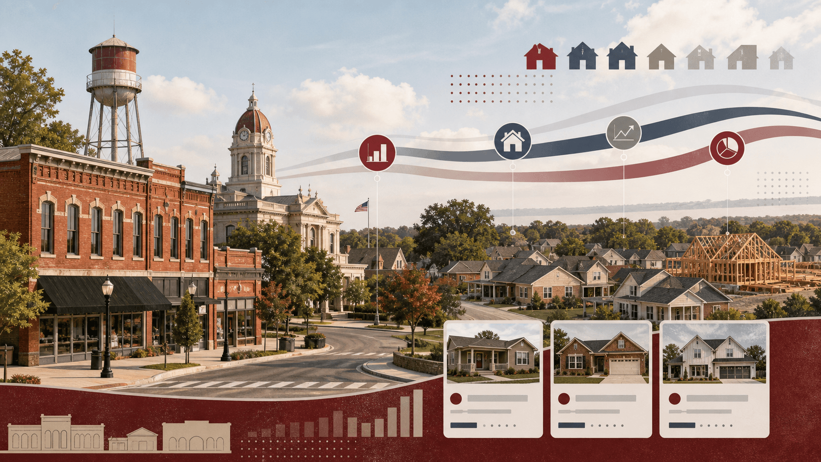 Editorial illustration of Sherman, Texas downtown brick buildings, neighborhoods, new construction and housing-market chart ribbons