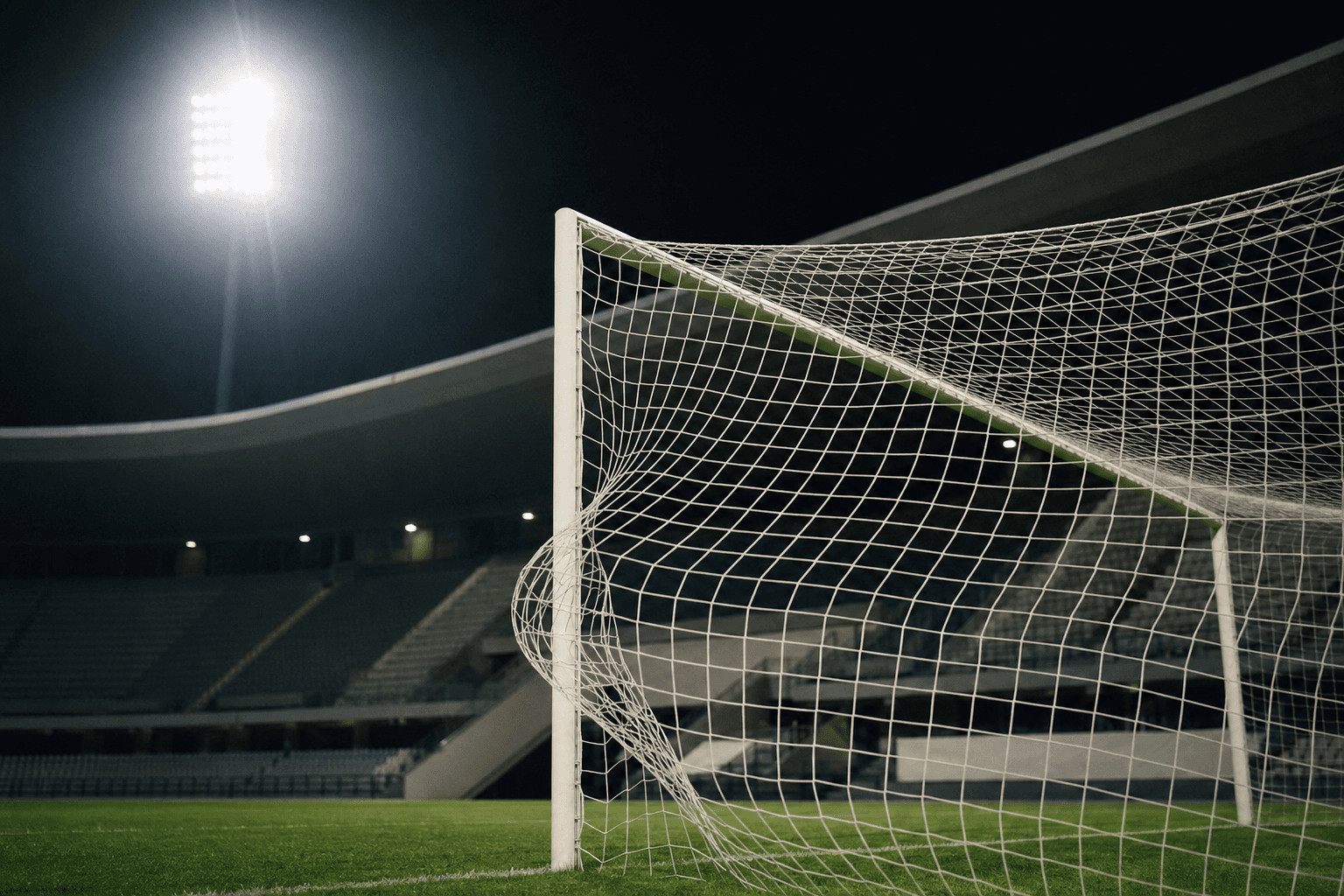 Goal net under stadium floodlights, illustrative editorial photo for 2026 FIFA World Cup coverage