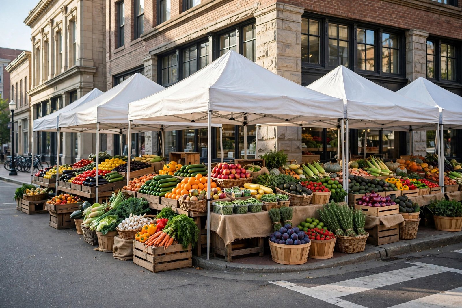 Farmers market produce stalls under white tents on a sunny morning - illustration