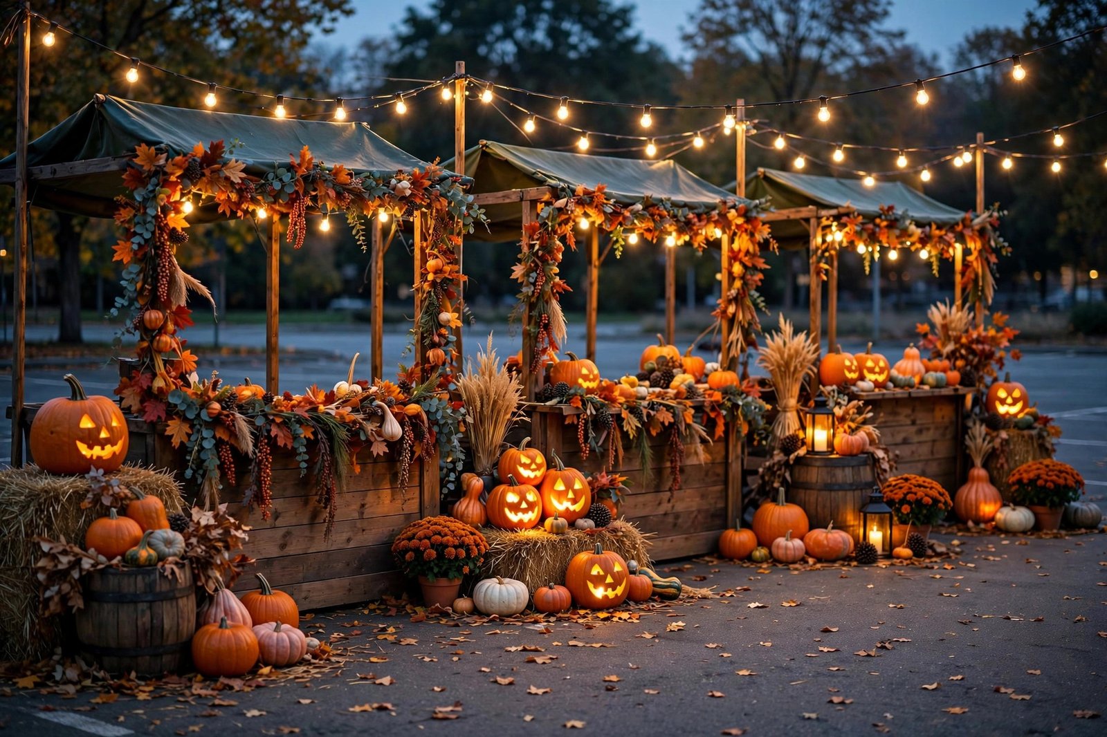 Halloween trick-or-treat booths with pumpkins at dusk - illustration