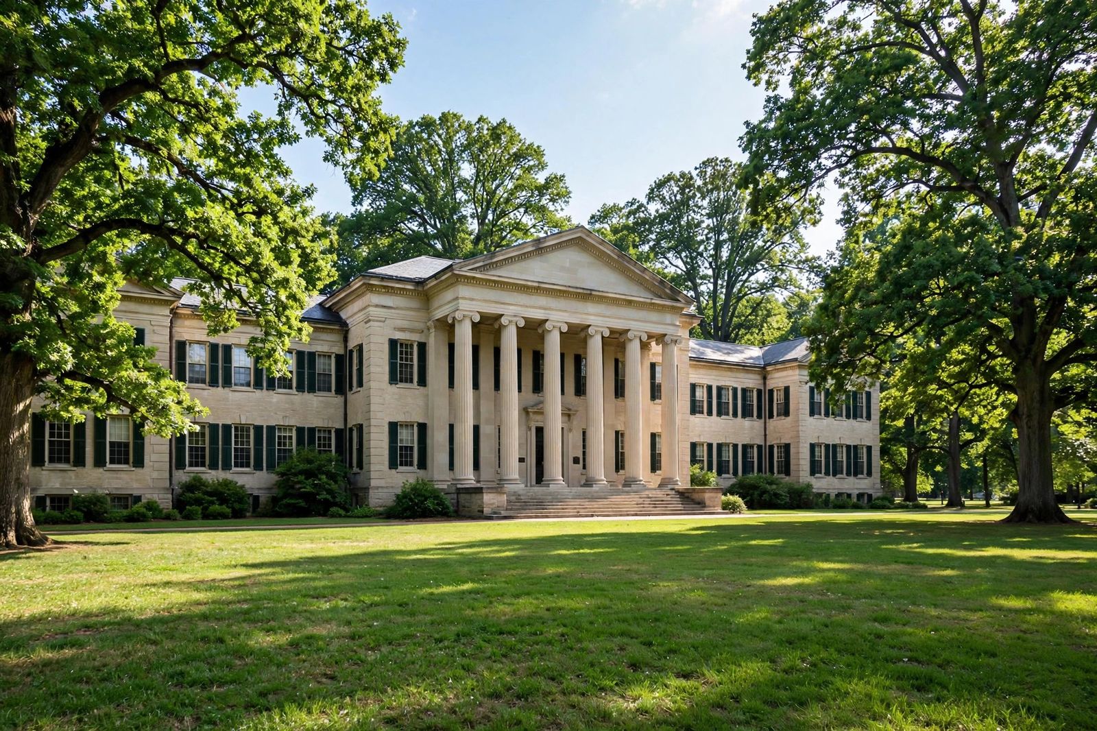 College campus building with lawn and trees on a sunny afternoon - illustration